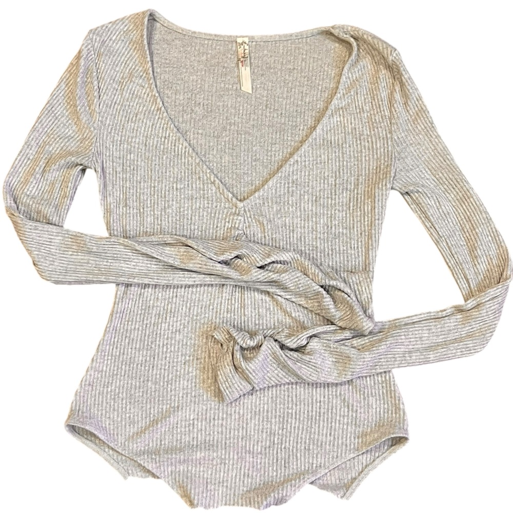 Free People, Women’s Gray Ribbed Long Sleeve Top, Size Medium